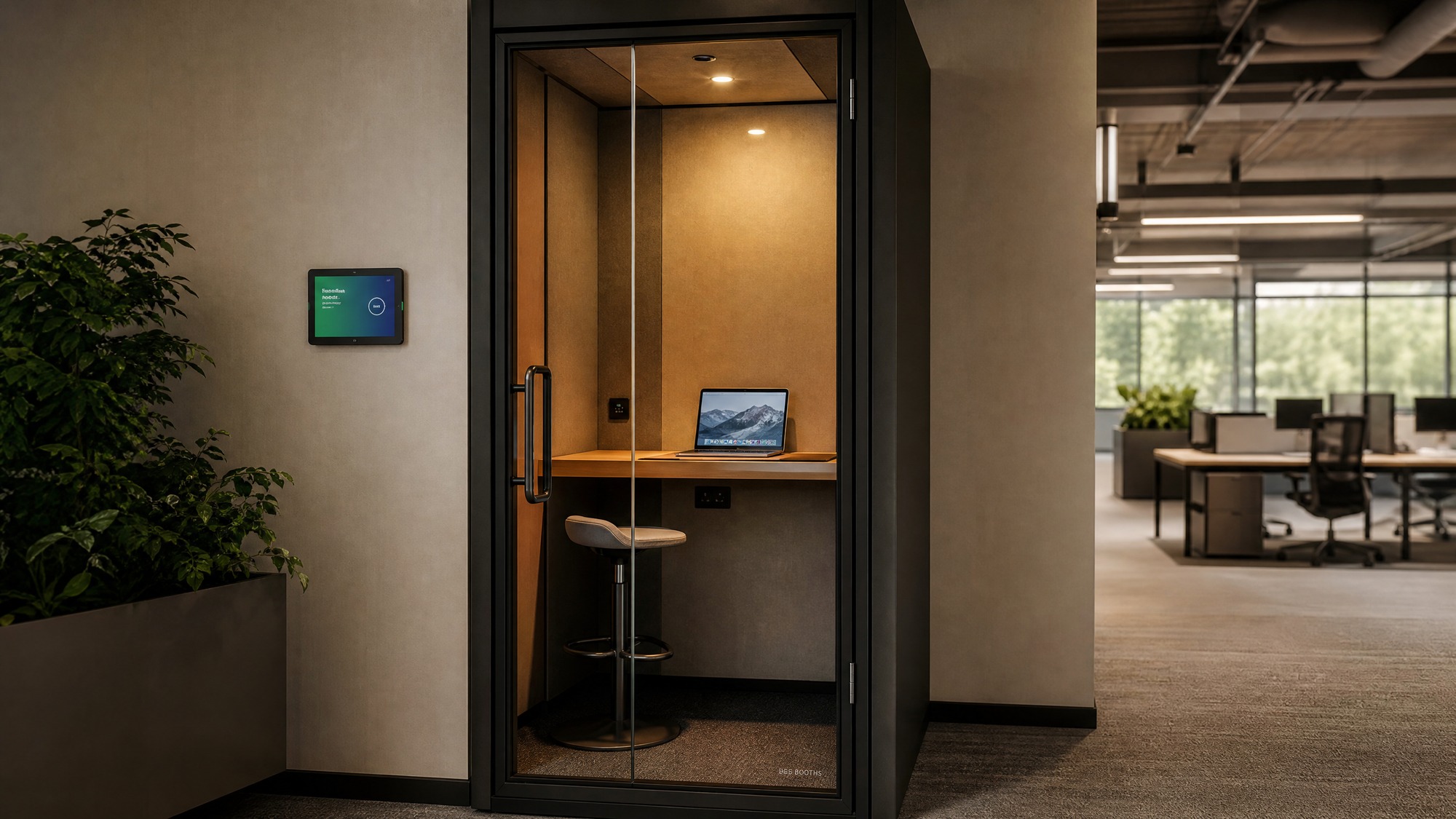 A private soundproof phone booth inside a modern office, glass door, integrated desk and stool, soft warm lighting, laptop on table, silent and comfortable workplace, photorealistic, --ar 16:9