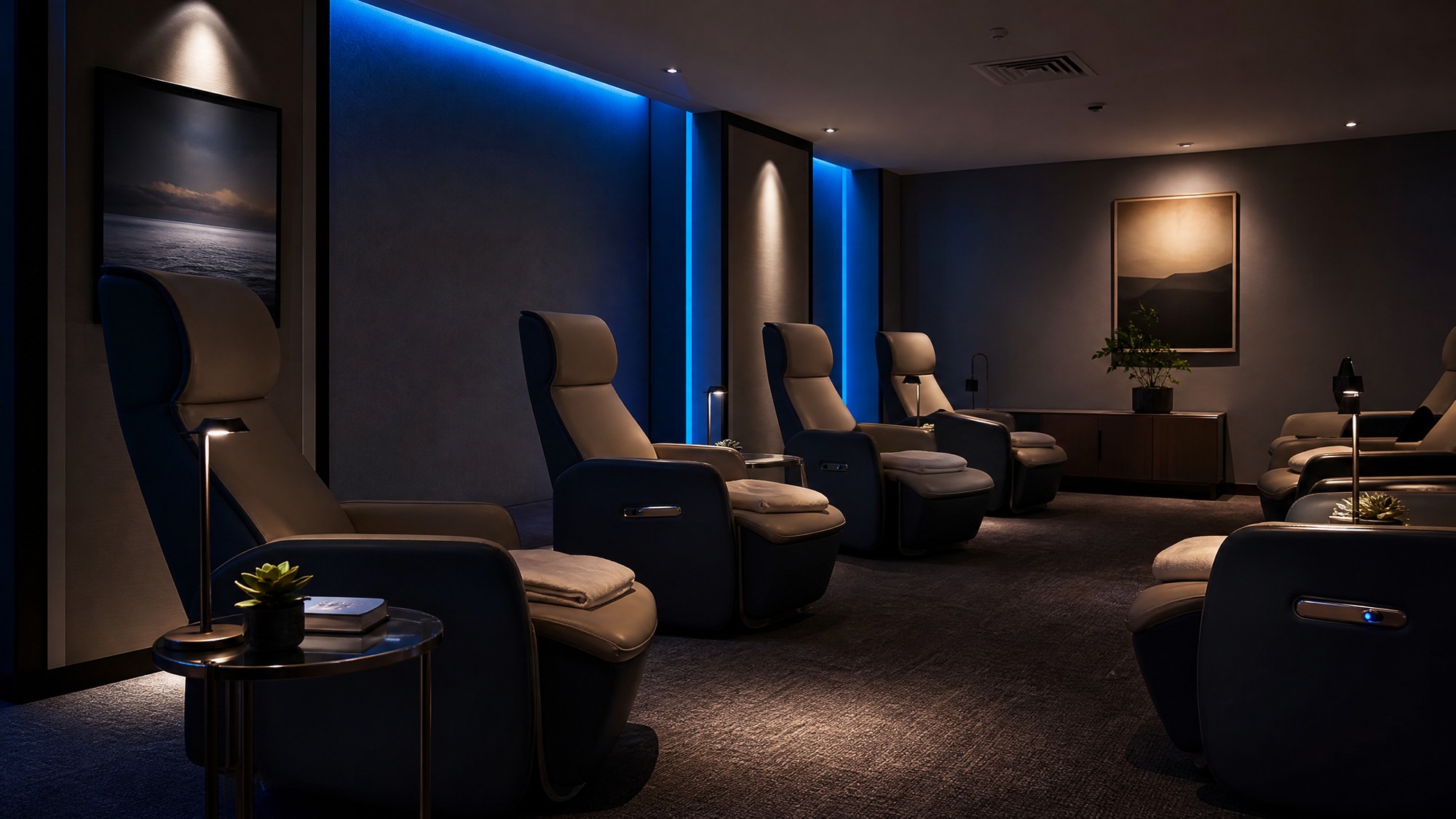 A quiet premium relaxation and nap room in a corporate office, low lighting, luxury high-back reclining armchairs, calm blue accent lights, peaceful and restorative environment, photorealistic, --ar 16:9