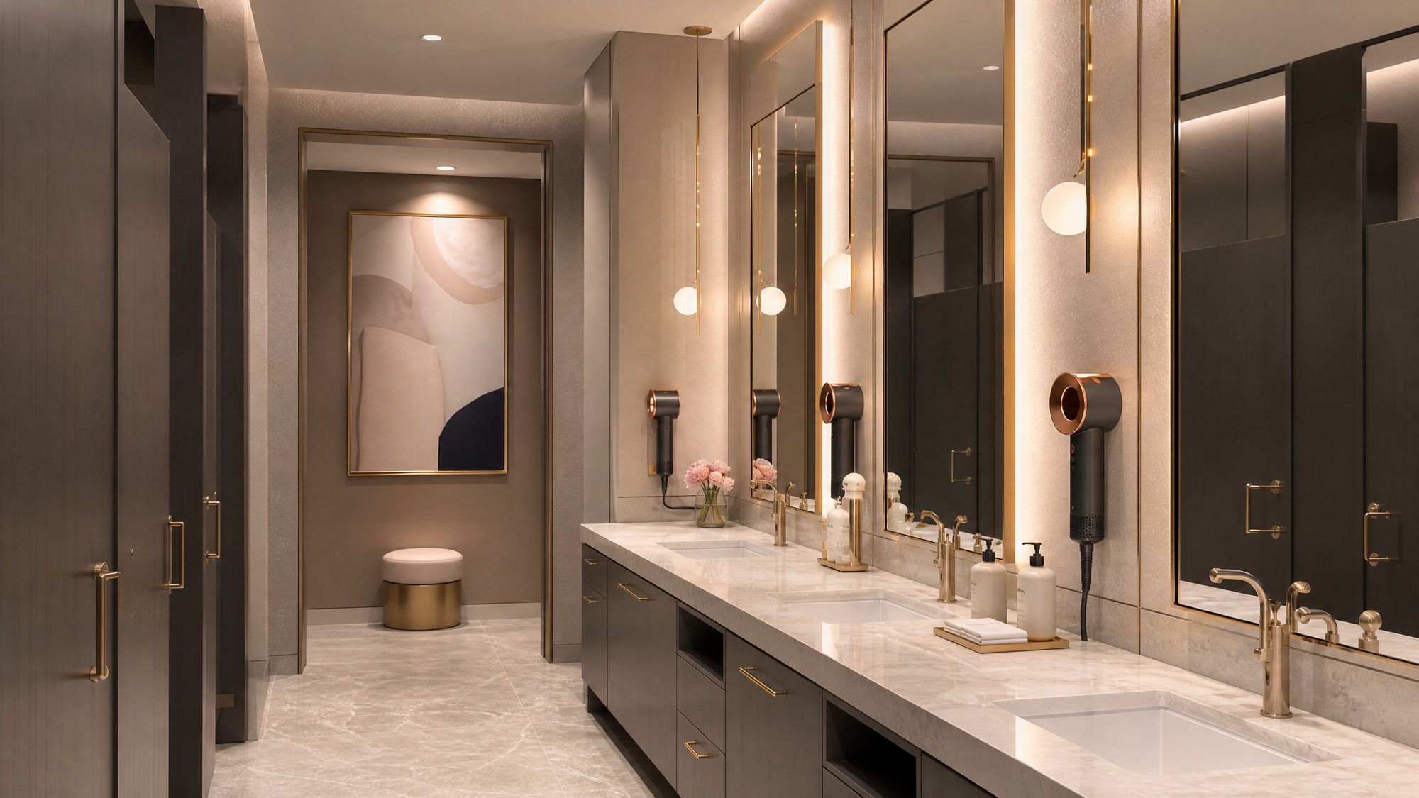 A luxury elegant powder room for women in a modern coworking space, large backlit mirrors, high-end hair dryers, clean vanity marble countertops, sophisticated amenities, chic design, photorealistic, --ar 16:9