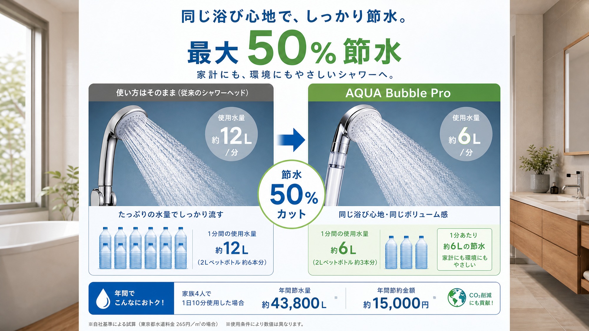 従来シャワーとAQUA Bubbleの節水比較グラフ画像