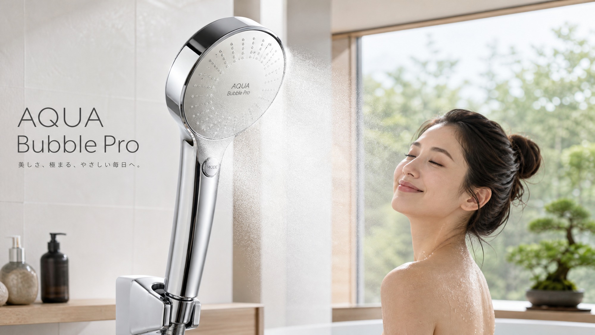 AQUA Bubble Pro シャワーヘッド本体と細かなミストのイメージ