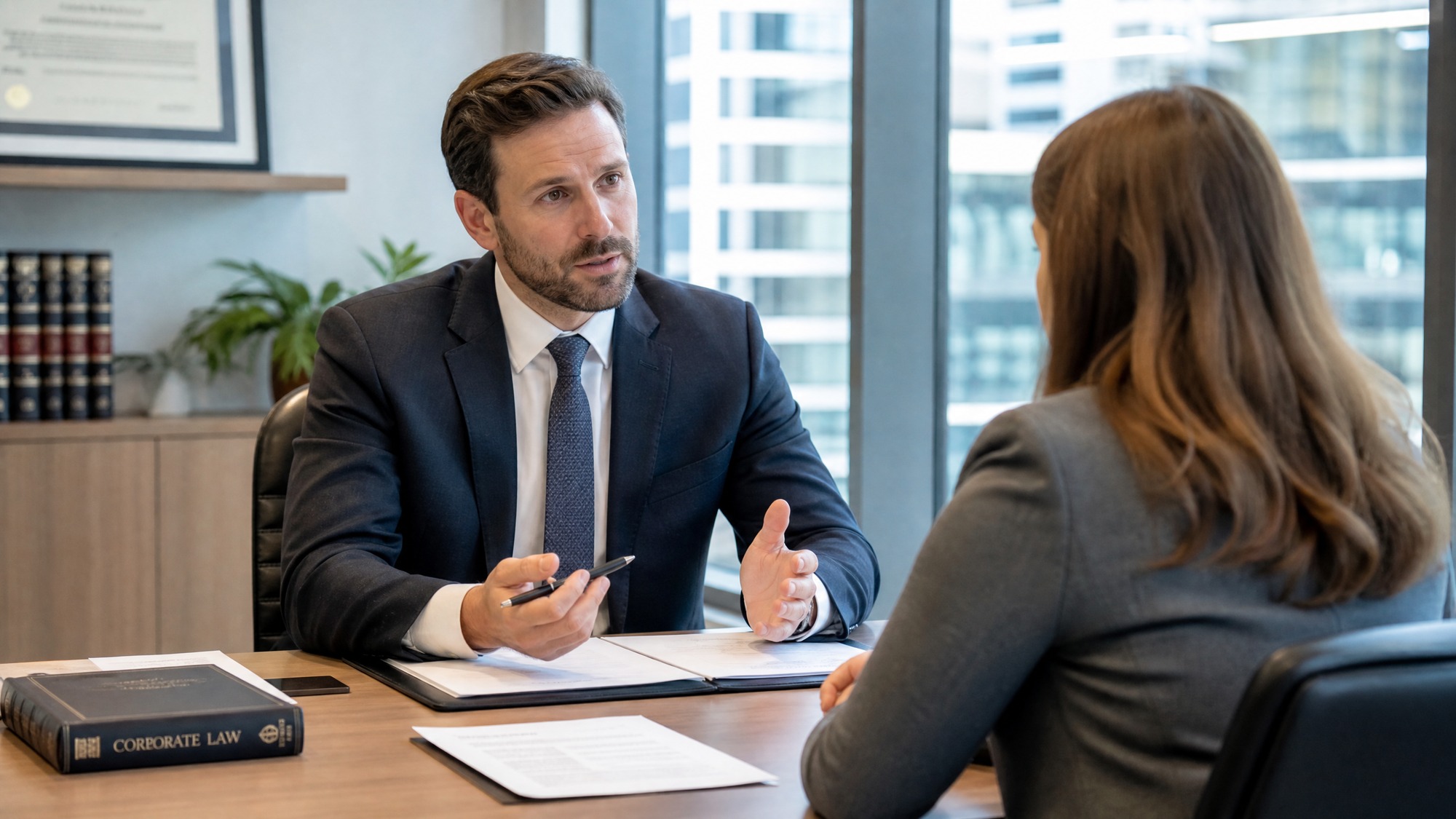 A professional lawyer consulting with a client inside a bright modern office meeting room, legal documents on the table, trustworthy and business-supportive atmosphere, photorealistic, --ar 16:9