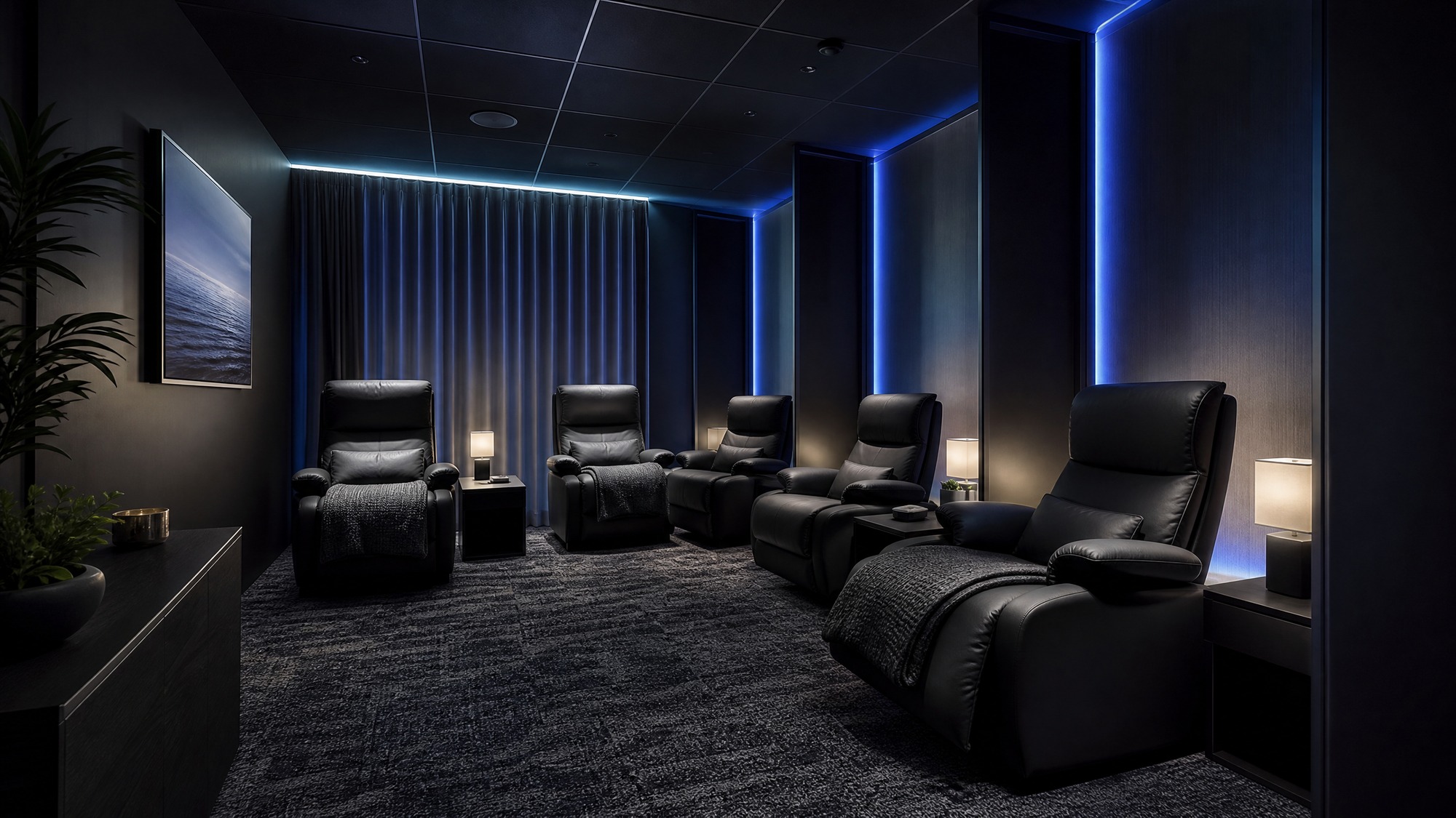 A quiet premium relaxation and nap room in a corporate office, low lighting, luxury high-back reclining armchairs, calm blue accent lights, peaceful and restorative environment, photorealistic, --ar 16:9