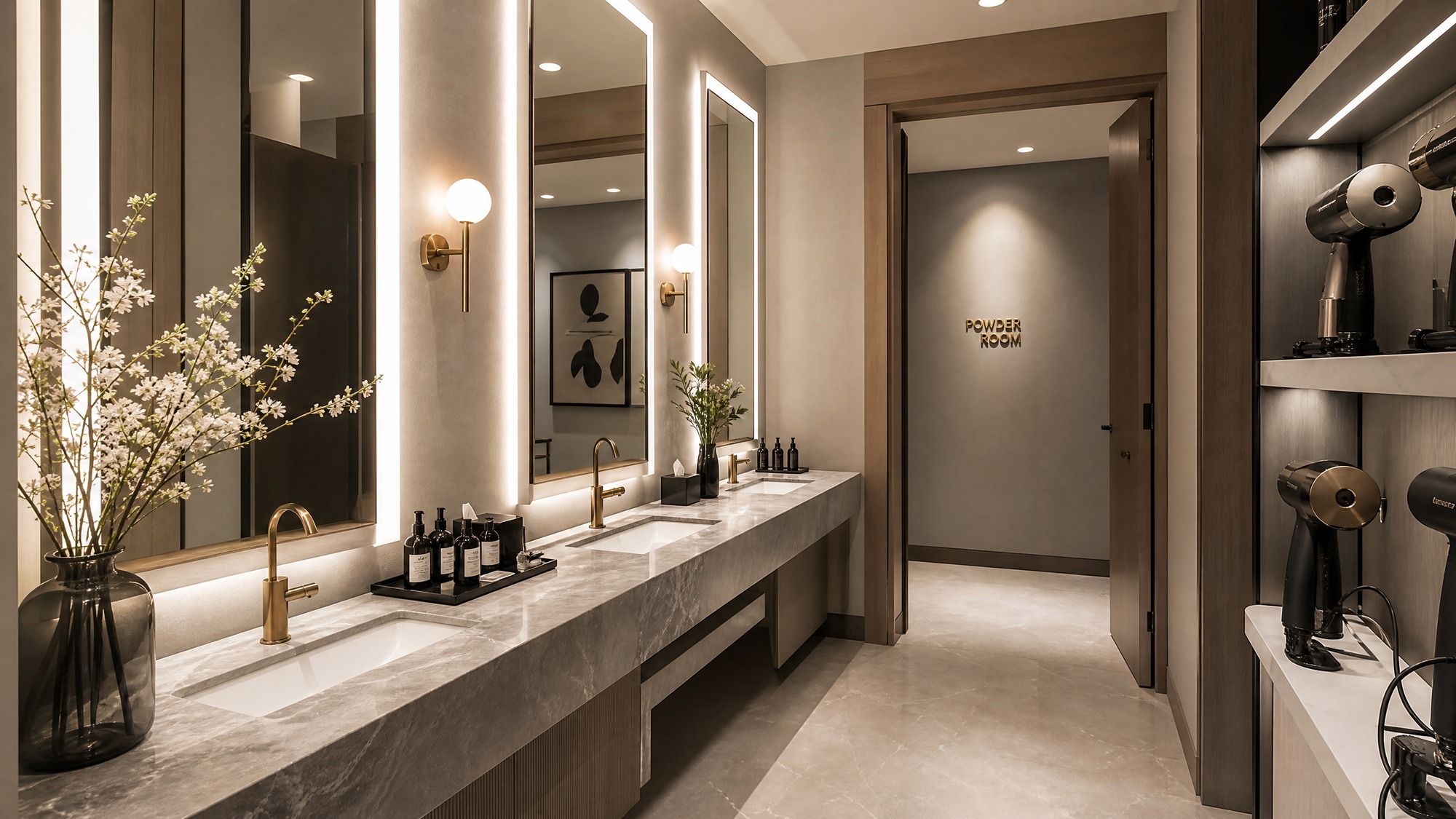 A luxury elegant powder room for women in a modern coworking space, large backlit mirrors, high-end hair dryers, clean vanity marble countertops, sophisticated amenities, chic design, photorealistic, --ar 16:9