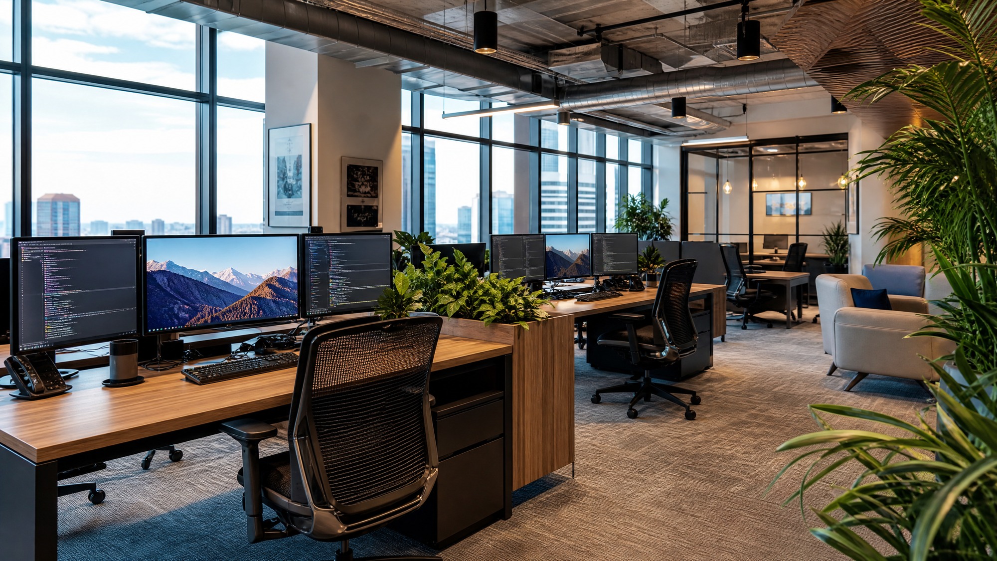 A modern high-end coworking space interior with large windows, ergonomic office chairs, multi-monitor setups, sleek wooden desks, bright natural lighting, professional atmosphere, photorealistic, 8k --ar 16:9