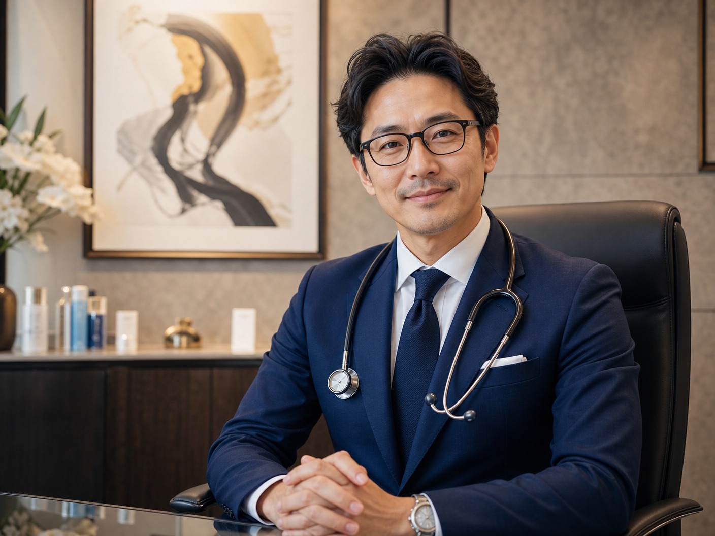 ネイビーのスーツを完璧に着こなし、知的な眼鏡をかけた40代の男性医師。背景は抽象的なモダンアートが飾られた洗練されたオフィス。権威と信頼を感じさせる肖像。