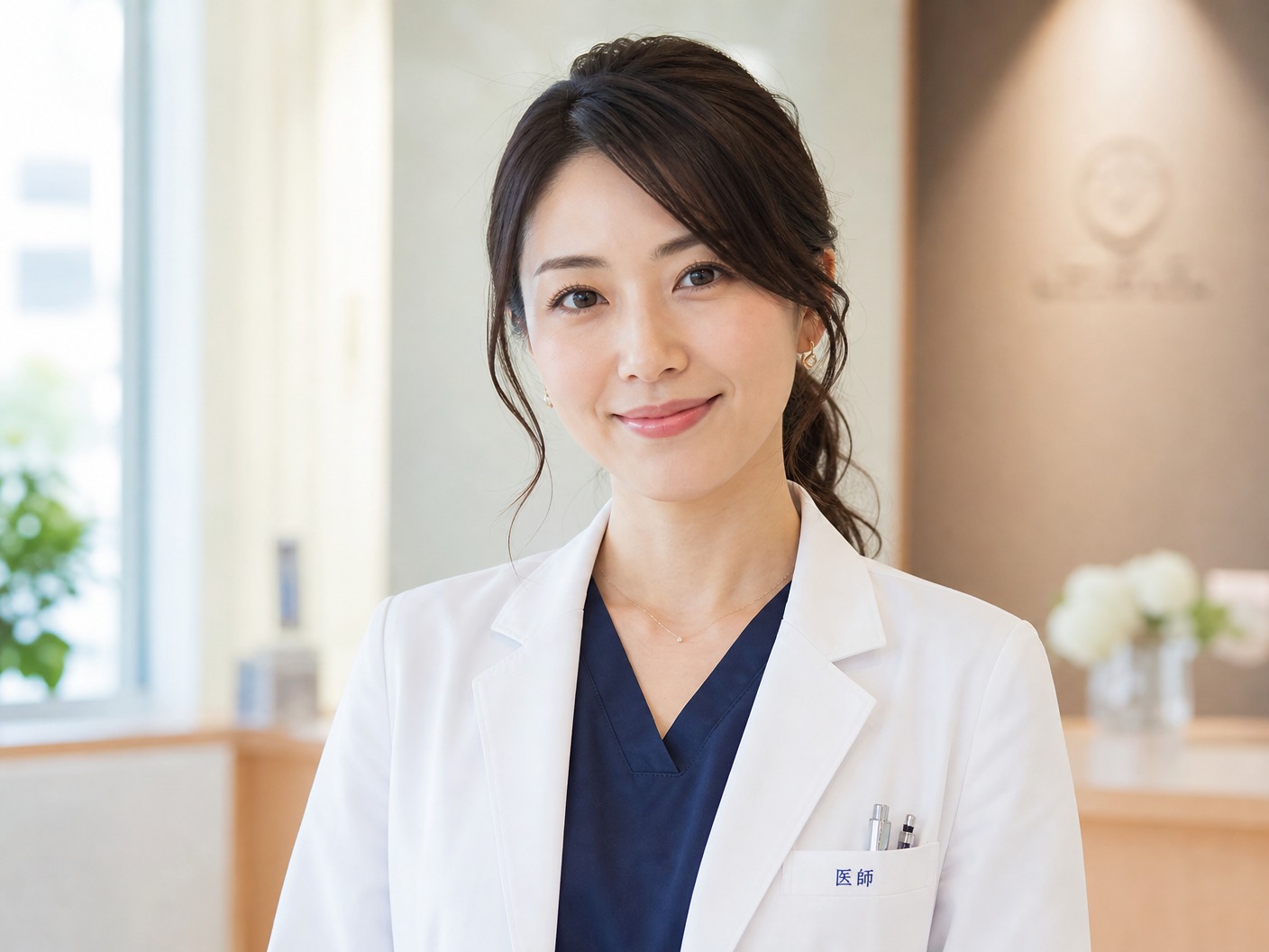 白衣を美しく着こなした、知的で華やかな女性医師のポートレート。