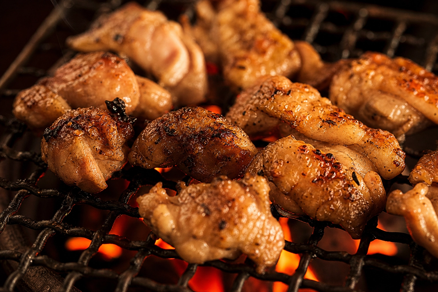 炭火でパリッと焼かれた地鶏の皮とジューシーな身。炭の灰が少し付いた網焼きの様子。背景は暗く、温かい炭火のオレンジ色のライティングが照らしている食欲をそそる近接写真。