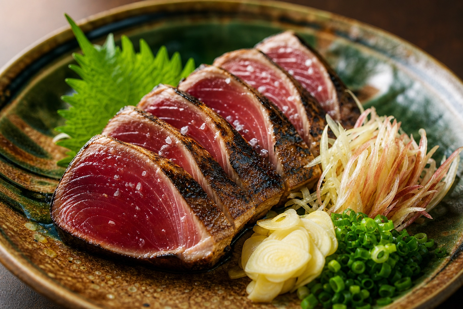 綺麗に盛り付けられた厚切りの藁焼きカツオのたたき。表面は香ばしい焼き色がつき、中は美しい鮮やかな赤色のレアな断面。薬味のミョウガやネギが添えられ、高級感のある和食器に乗っている。照明は暖色系で食欲をそそる演出。