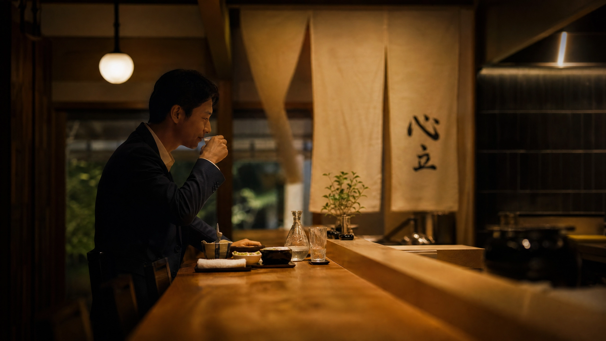 落ち着いた照明のカウンター席で、お客様がゆっくりと酒と料理を楽しんでいる様子。後ろには店内の暖簾とぼんやりとした照明が映り込み、高級感と安らぎが同居した空間の広角写真。