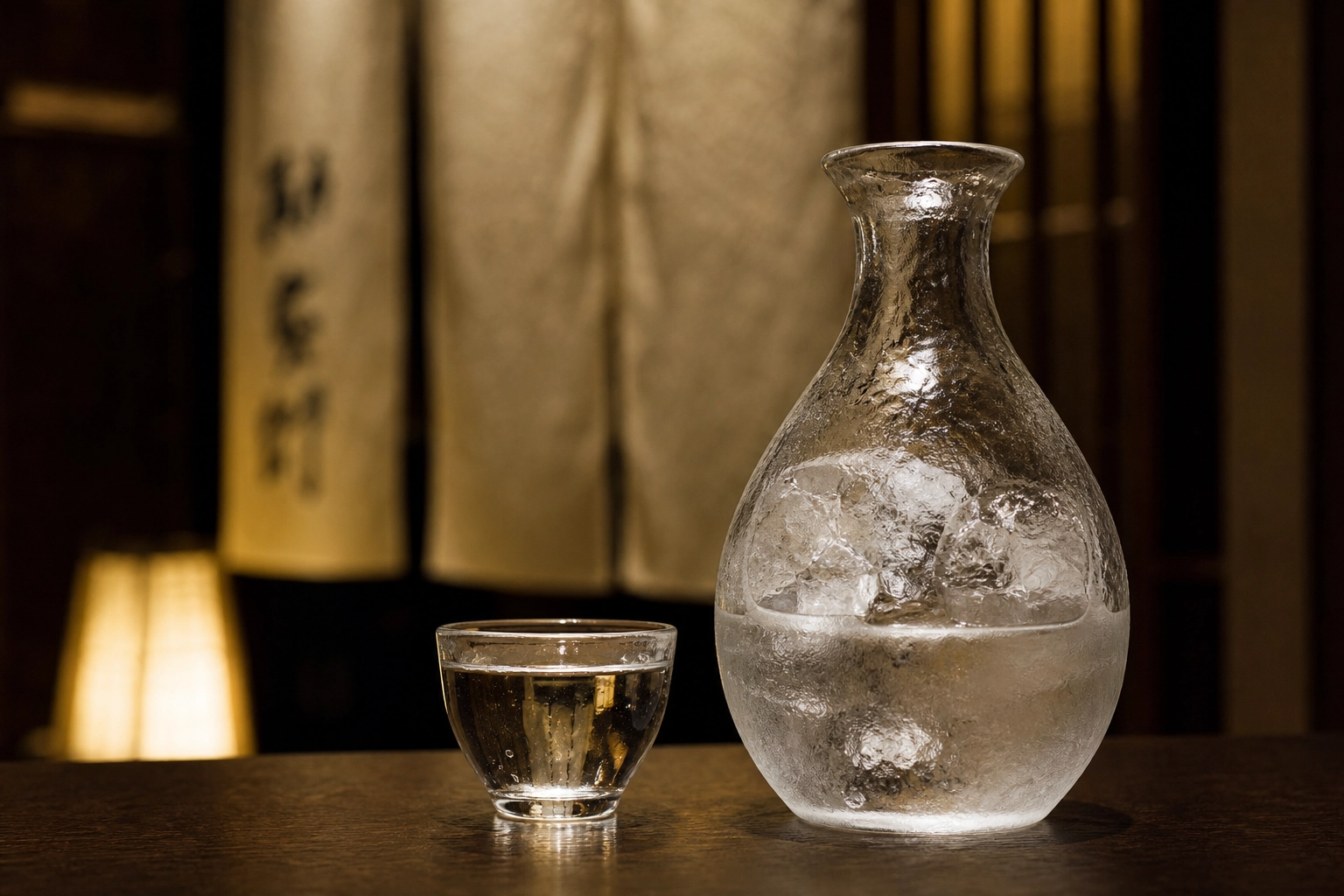 氷を入れた徳利と、冷酒が注がれたお猪口。背景にはぼんやりと店内の暖簾が見え、高級居酒屋の落ち着いた雰囲気が漂うシズル感のある写真。