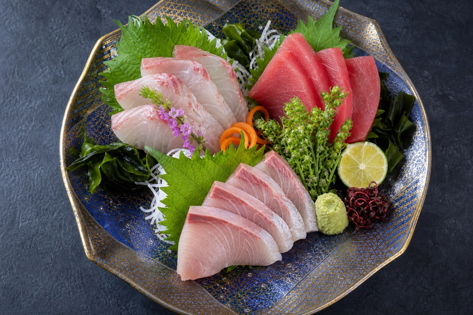 旬の鮮魚（鯛、マグロ、カンパチ）が美しく盛り付けられた刺身盛り合わせ。大葉やわさびなどの薬味があしらわれ、高級感のある和食器に乗っている俯瞰写真。