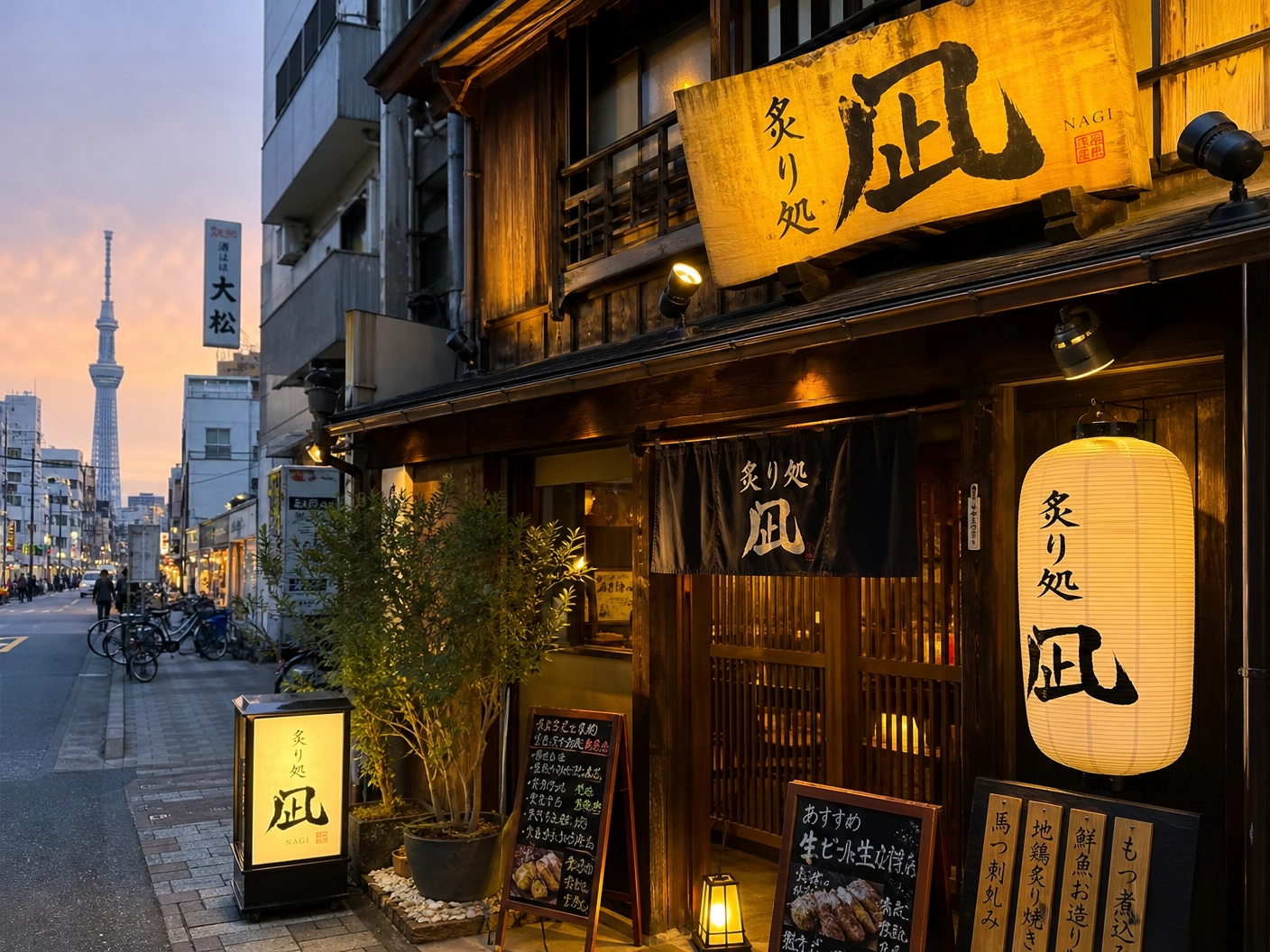 スカイツリーを望む下町の情緒ある街並みに佇む店舗。木目調の温かみのある外観で、大きな筆文字の看板が目立つ。夕暮れ時の柔らかい灯りがともる趣のある店構え。