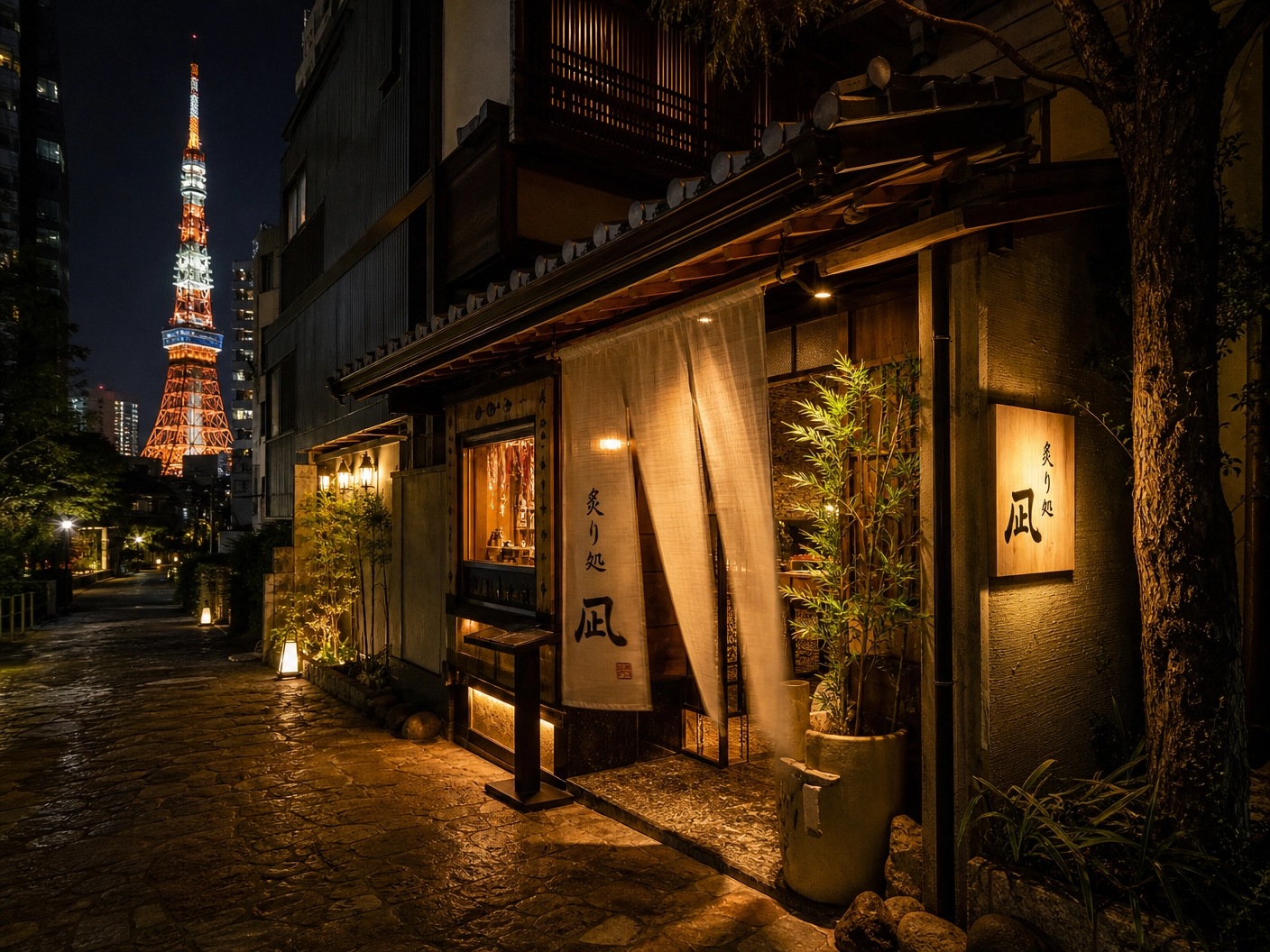 東京タワーのふもと、石畳の路地にある隠れ家的な外観。伝統的な和風建築に現代的なライティングが調和し、暖簾が風になびいている高級居酒屋の外観写真。