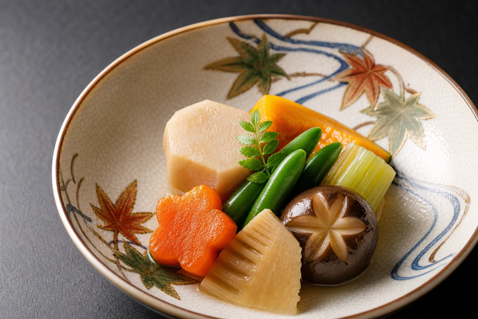 繊細な和風の器に盛り付けられた煮物料理。丁寧に炊かれた野菜の色合いが鮮やかで、上品なだしが光っている。プロの料理写真、スタジオライティング。