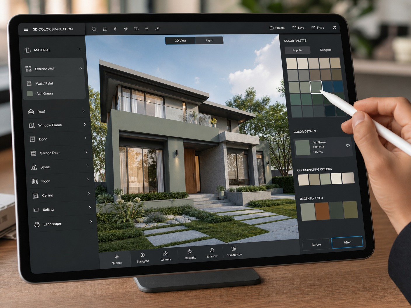 A professional tablet screen showing a 3D architecture color simulation software interface, an architect hand using a stylus pen to change the exterior wall color of a modern house template into a sophisticated ash green tone, high-tech and creative look.