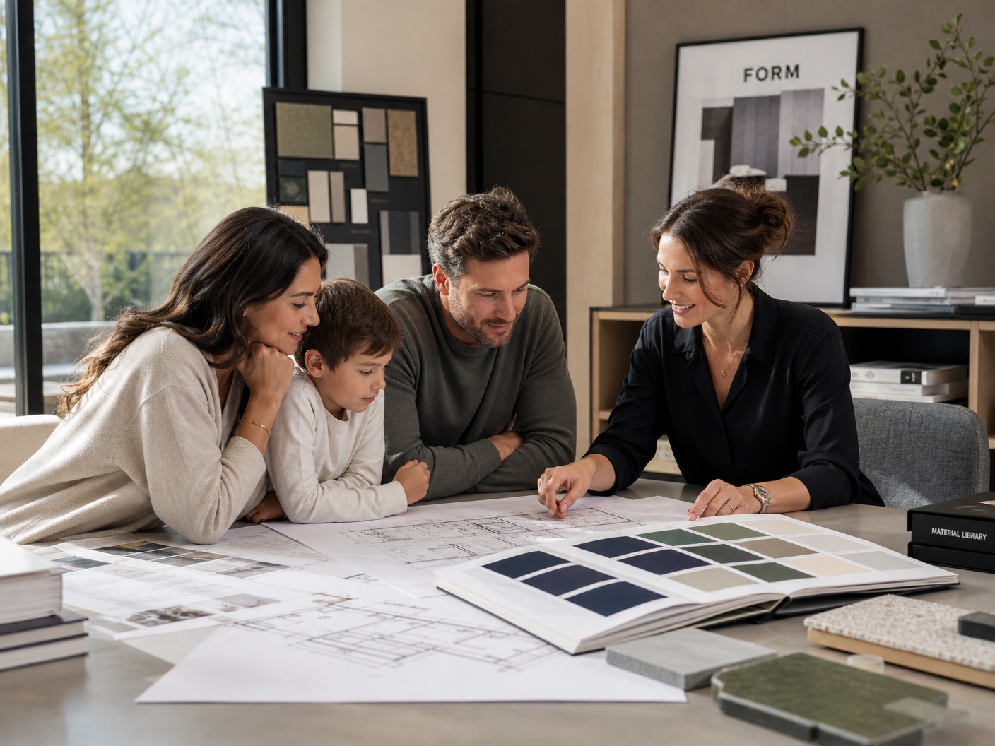 A stylish modern design office workspace. A client family and a designer looking together at architectural drawing sheets and a wide color swatch catalog with elegant shades like deep indigo, matte white, greige and moss green, natural daylight.