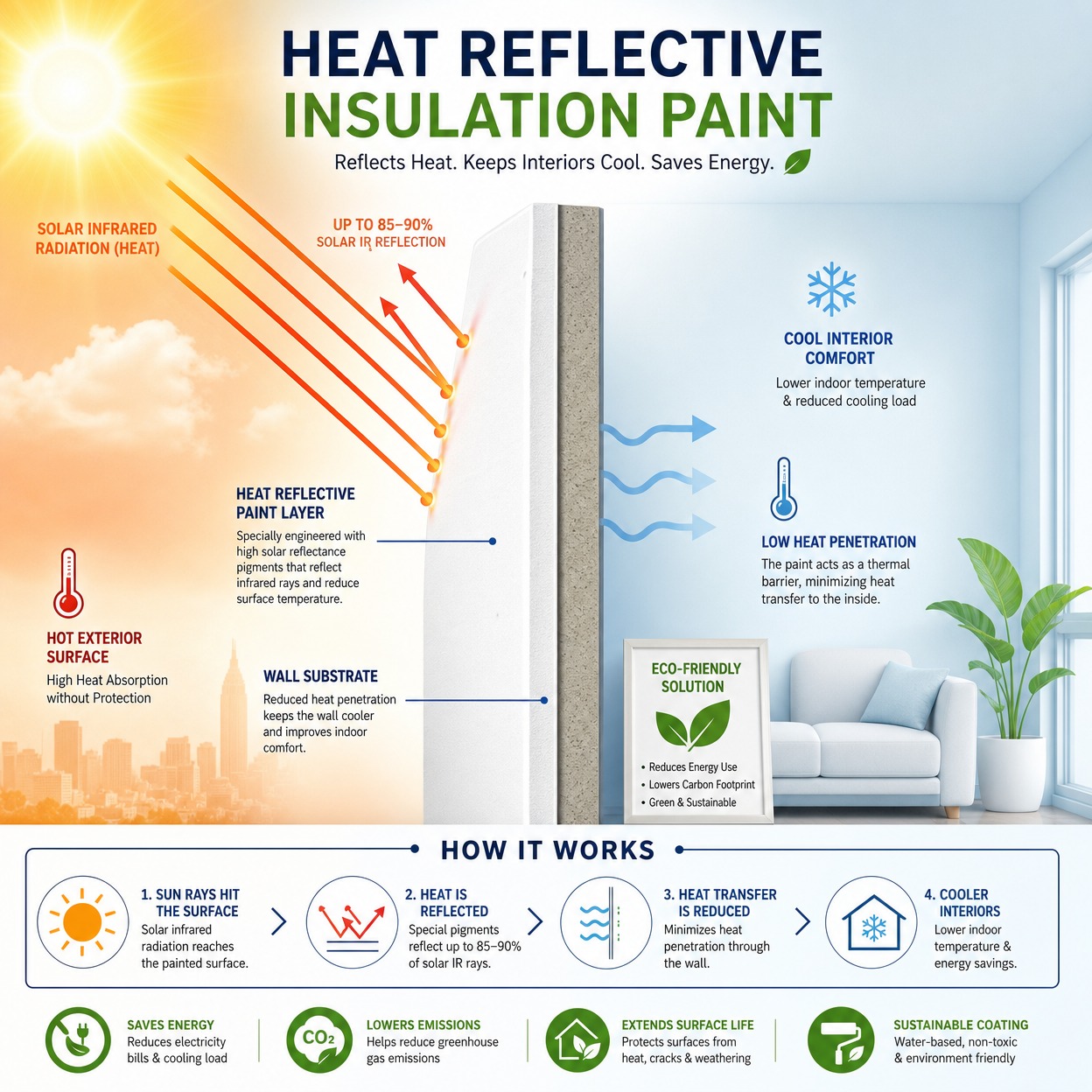 An abstract informative infographic diagram representing heat reflective insulation paint mechanism. Solar infrared rays reflecting off a smooth painted surface barrier layer, showing cool house interior vs hot exterior surface, scientific and eco-friendly style illustration.