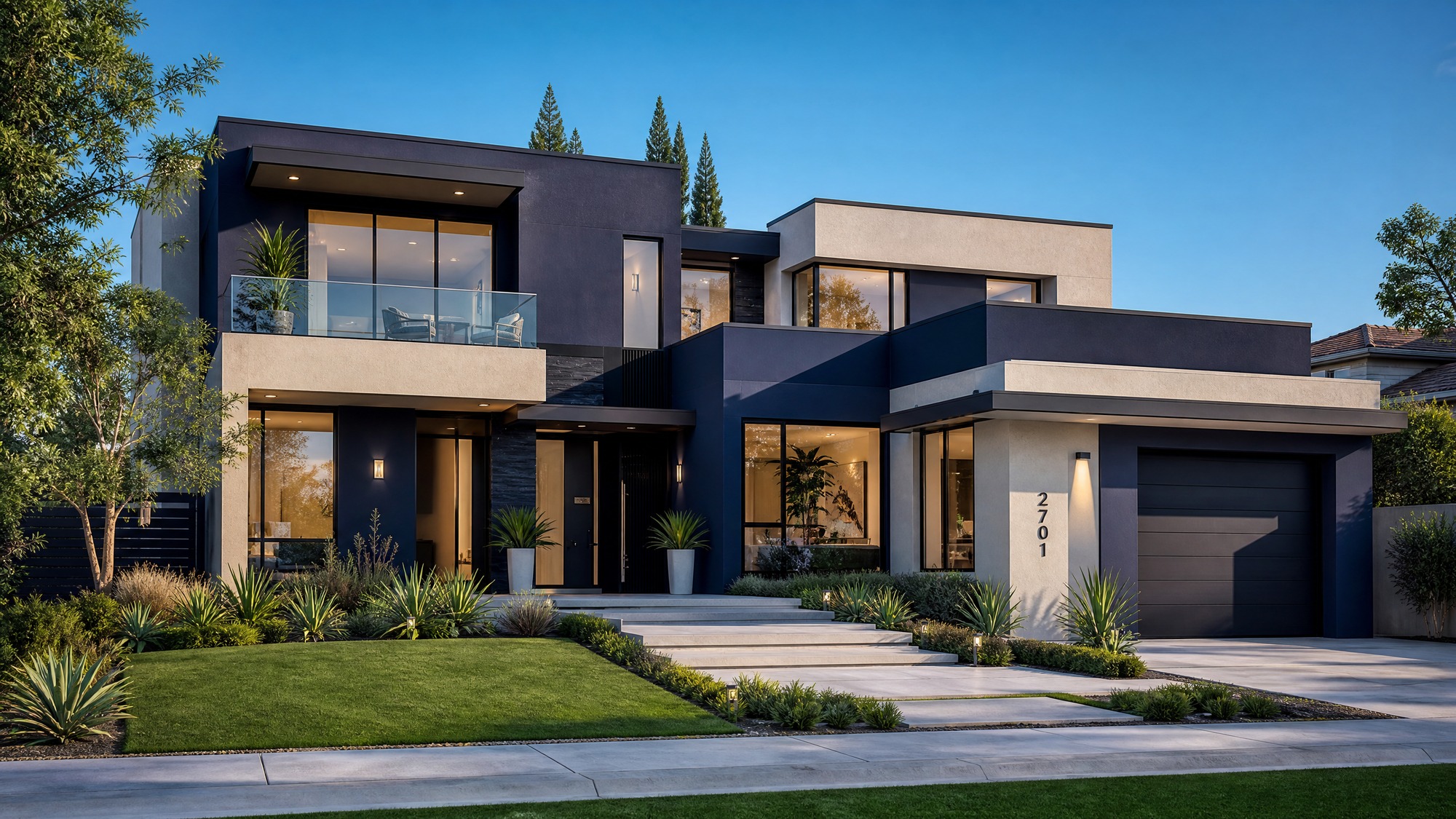 A beautiful modern architectural house with an elegant dark indigo and light greージ（greige） dual-tone exterior, clean lines, manicured lawn, under a beautiful clear blue sky, soft cinematic lighting, architectural photography, 8k.