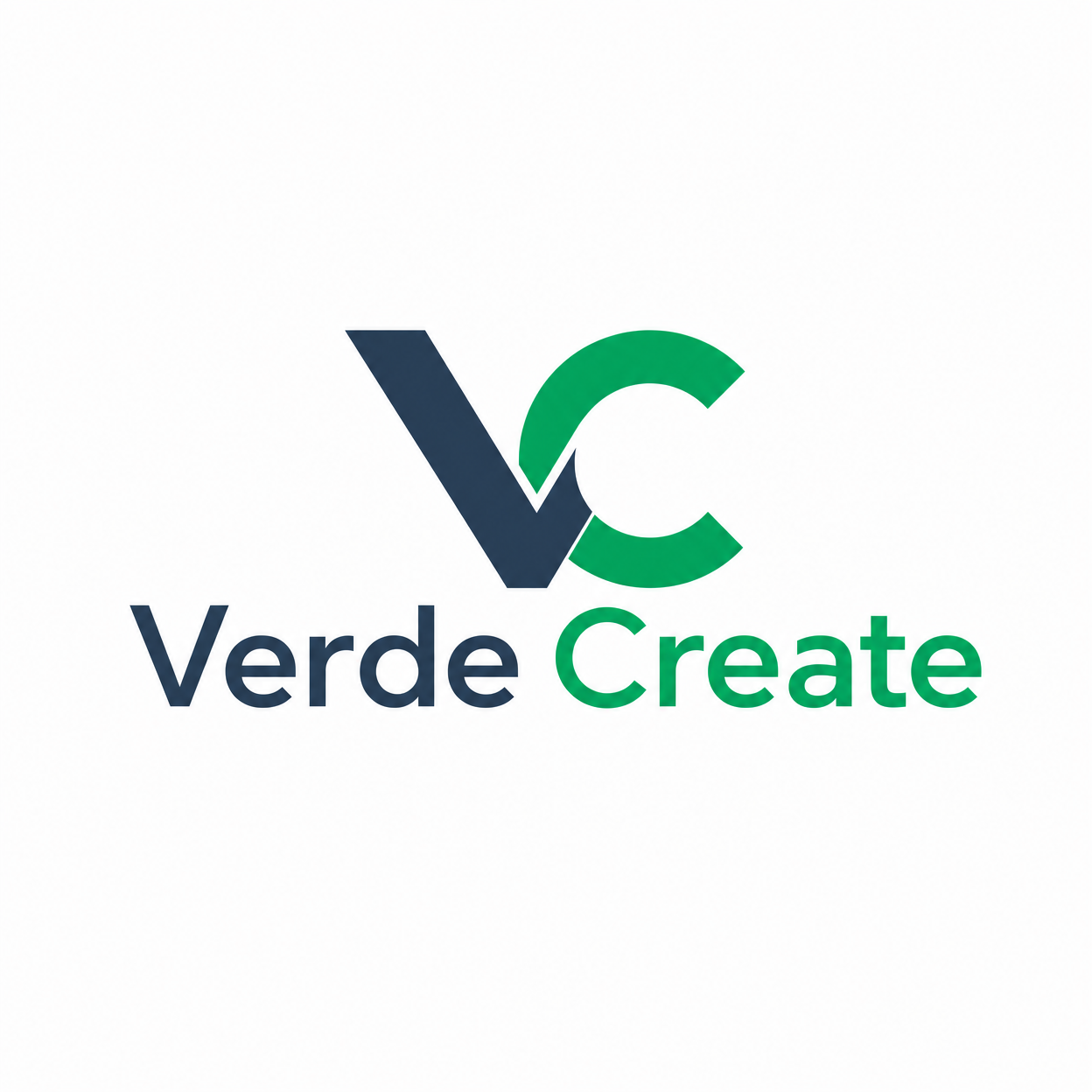 A modern and sleek typography logo design for 'Verde Create', featuring clean sans-serif font in deep slate blue and vivid emerald green accent color, white minimalist background vector.