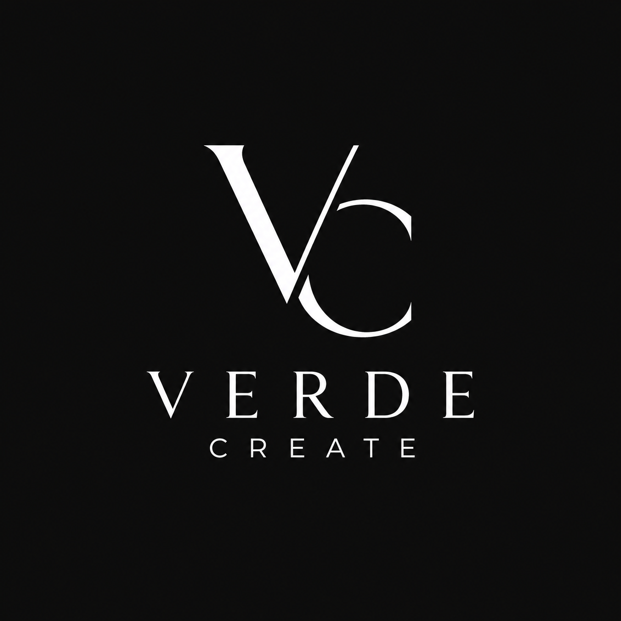 A white inverted minimalist version of the Verde Create logo on a dark background.