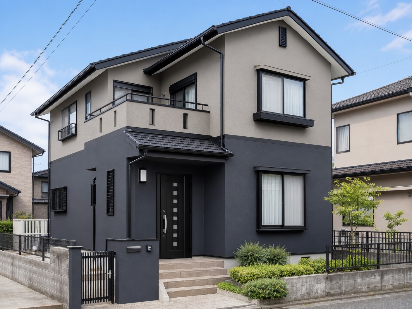 The exact same Japanese suburban house after premium painting, beautifully transformed with ultra-matte charcoal gray on the first floor and refined warm greige on the second floor, clean pristine coating finish, bright modern look.