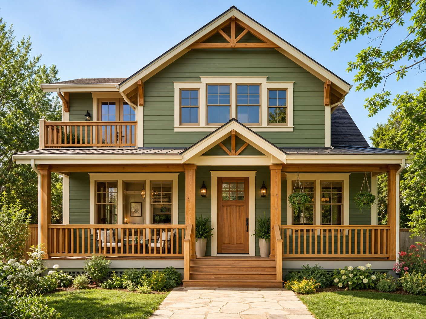 The exact same western style house perfectly repainted in deep artistic sage green and soft ivory accent, the natural wood texture looks vibrant and renewed, standing beautifully under pleasant sunshine.
