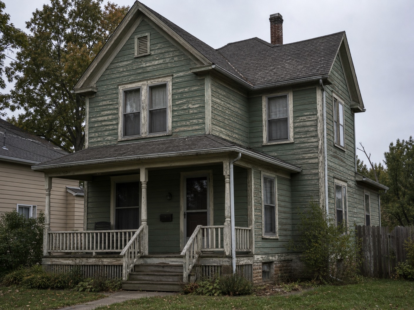 A western style residential house with faded peeling green paint on the wood-textured siding, looking aged and dim due to sun damage.