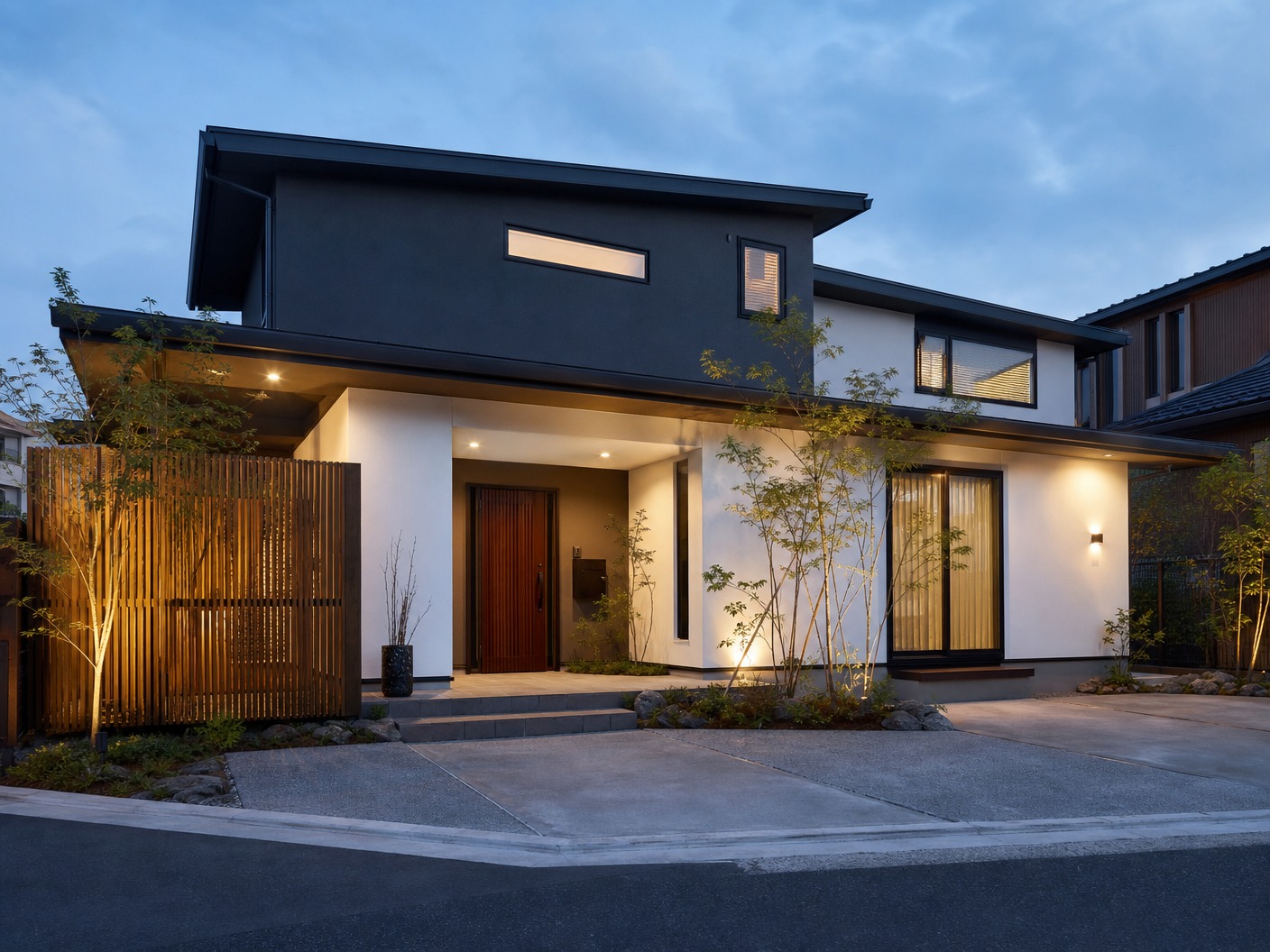 A modern smart house exterior after painting, coated in premium matte dark gray and crisp white accent, minimalist exterior lighting, beautiful contemporary Japanese family house, professional architectural photography.