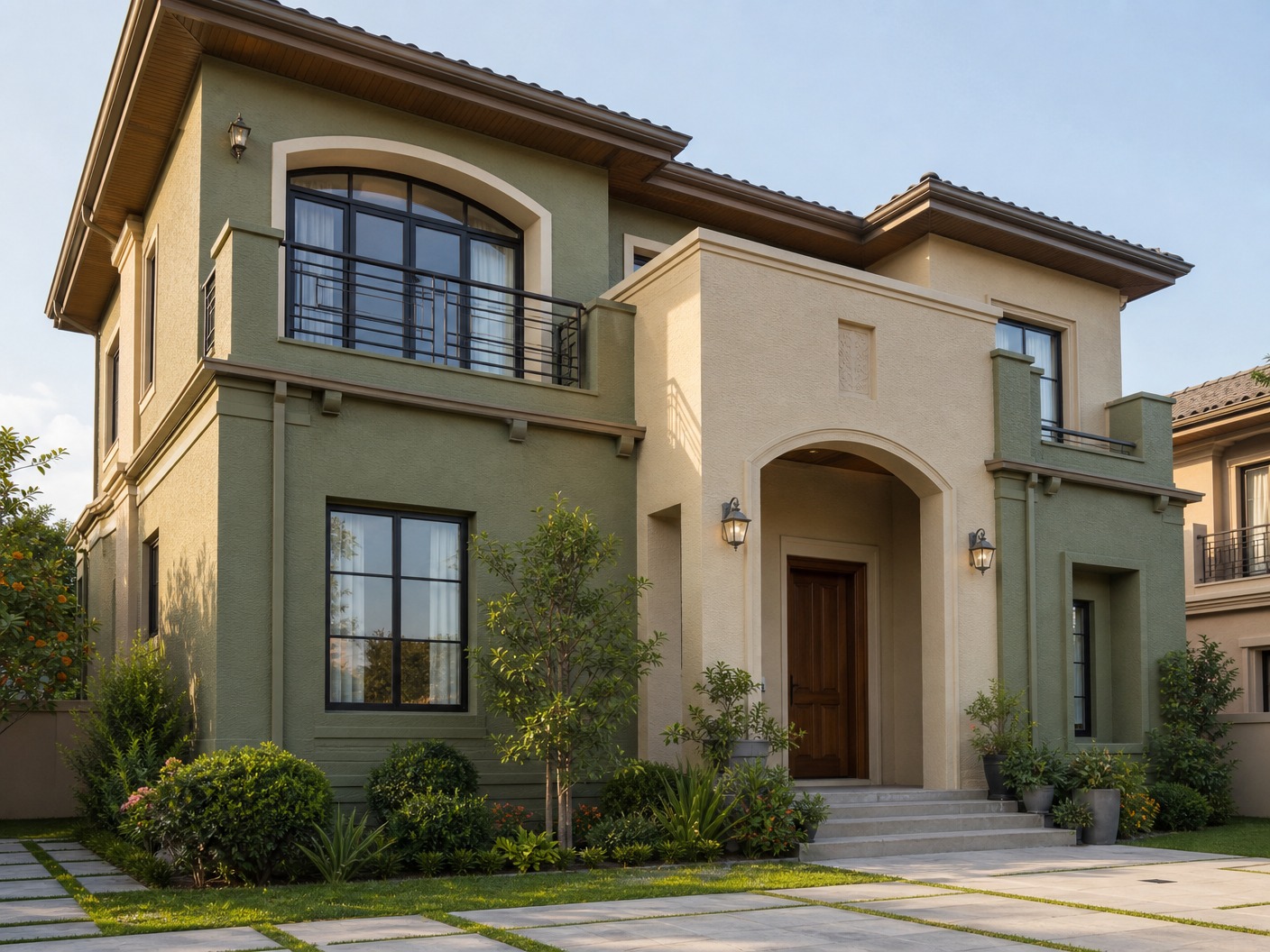 A classy residential house exterior after painting, refined moss green and warm beige earth tone colors, pristine textured coating finish, cinematic daylight, professional architectural photography.